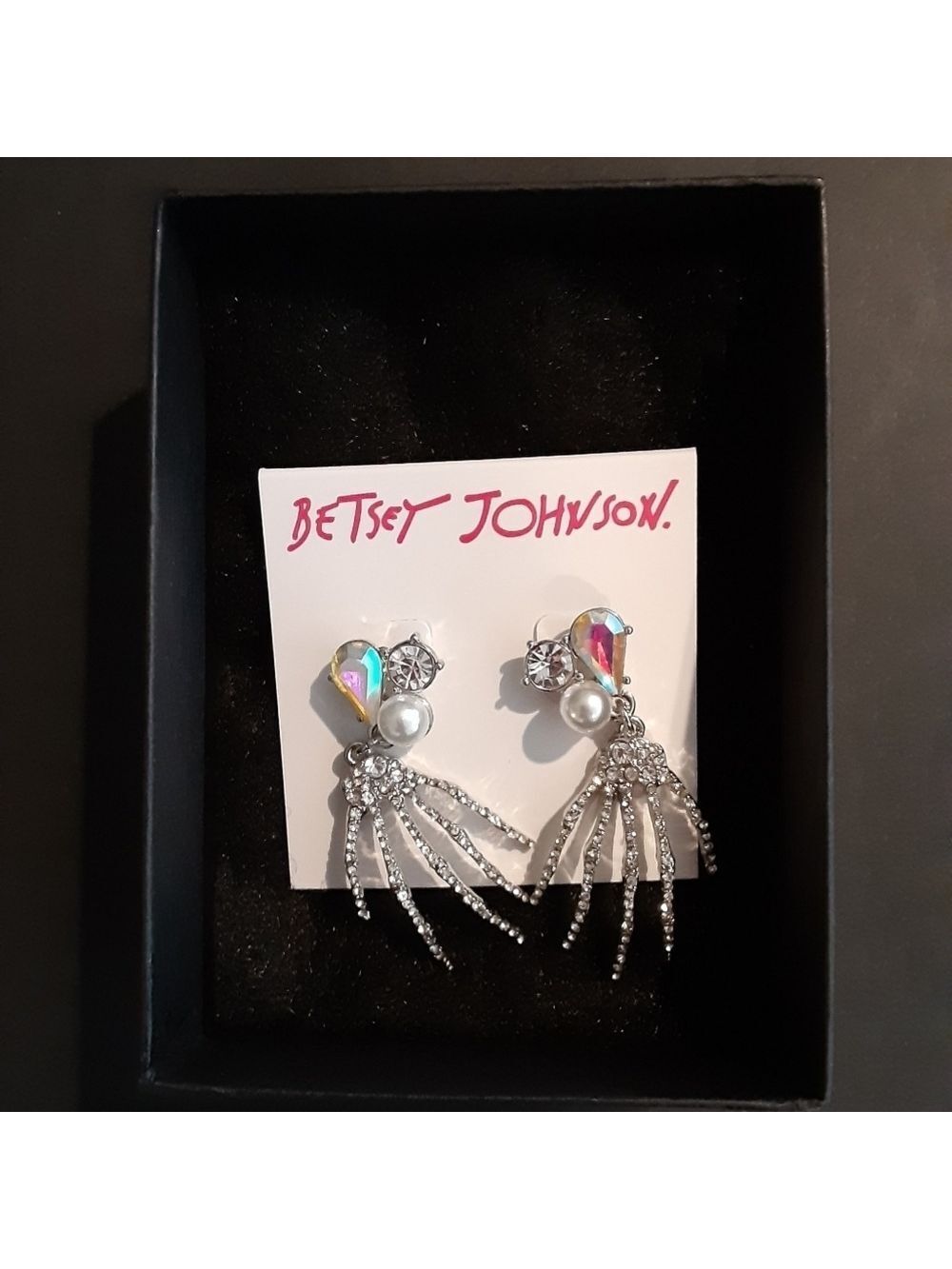 Betsey Johnson Rhinestone  & Faux Pearl Skeleton Hands Earrings New